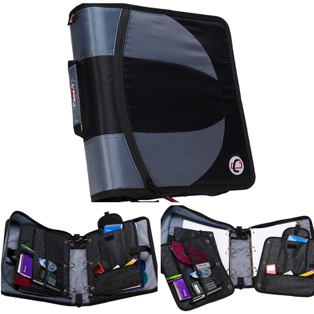NEW Case-It The Dual Ring Zipper Binder with Shoulder Strap, Black and Gray